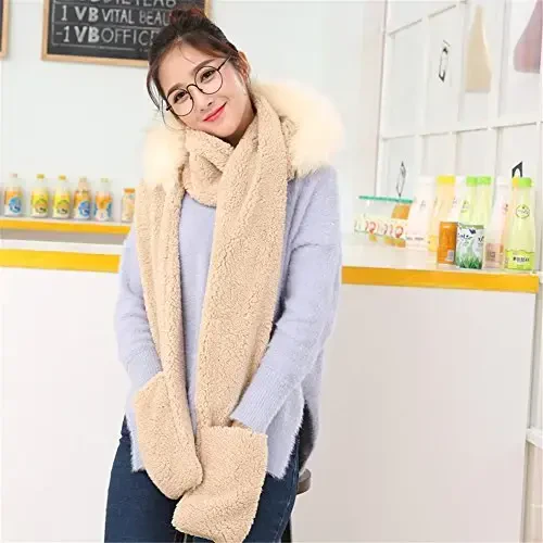 Winter Warm Women Siamese Hoodie Gloves Pocket Earflap Hat Long Scarf Shawl Wraps - 4