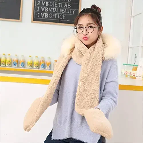 Winter Warm Women Siamese Hoodie Gloves Pocket Earflap Hat Long Scarf Shawl Wraps - 6