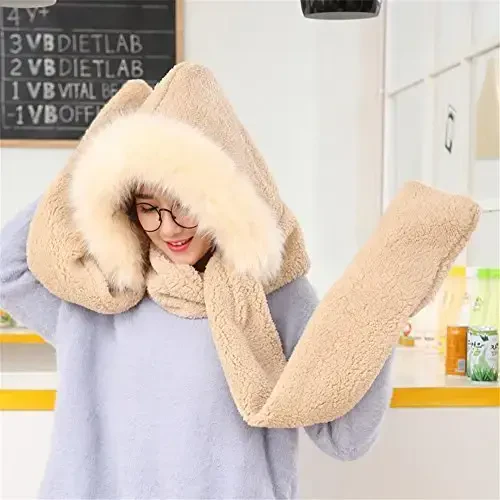 Winter Warm Women Siamese Hoodie Gloves Pocket Earflap Hat Long Scarf Shawl Wraps - 7