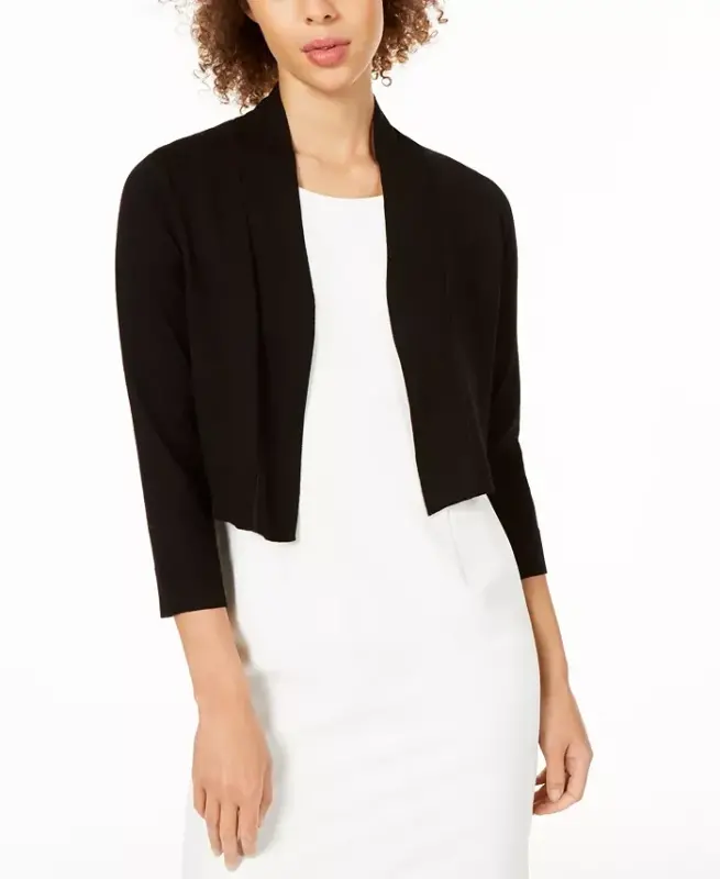 Women's Cropped Open-Front Three-Quarter Sleeve Cardigan - Black - 1