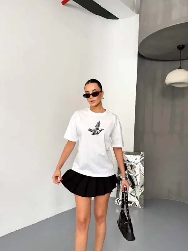 Kısa Kol Baskılı T-shirt - Beyaz - BÜYÜKBEDENIZ