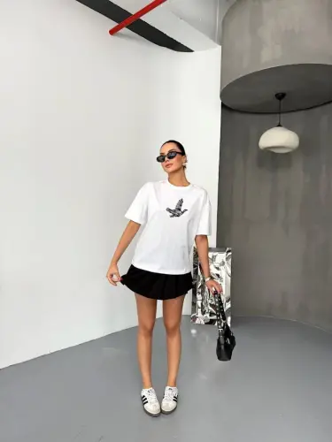 Kısa Kol Baskılı T-shirt - Beyaz - BÜYÜKBEDENIZ (1)