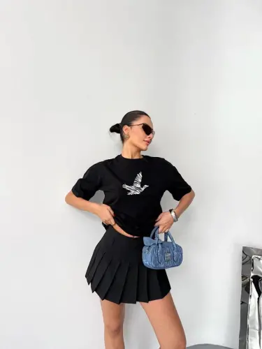 Kısa Kol Baskılı T-shirt - Siyah - BÜYÜKBEDENIZ (1)