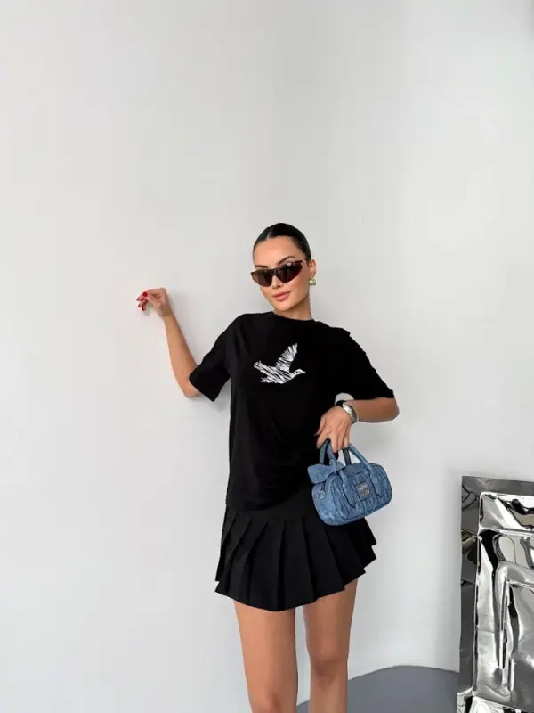 Kısa Kol Baskılı T-shirt - Siyah - 3