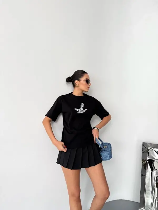 Kısa Kol Baskılı T-shirt - Siyah - 4
