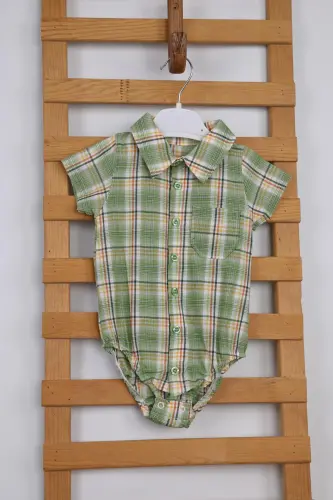 Kısa Kol Poplin Kumaş Erkek Bebek Ekose Gömlek Badi 3503s-Yeşil - 1