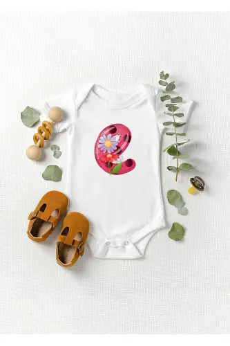 Kısa Kollu %100 Pamuklu E Harfli Tasarımlı Bebek Body Zıbın - Beyaz - LOTUS BABY (1)