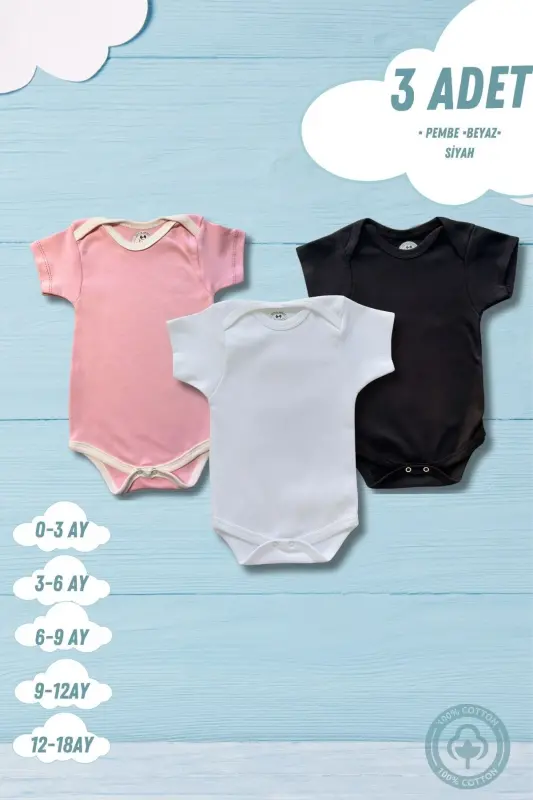 Kısa Kollu 3'lü Organik Pamuk Çıtçıtlı Bebek Body&zıbın-beyaz - 1
