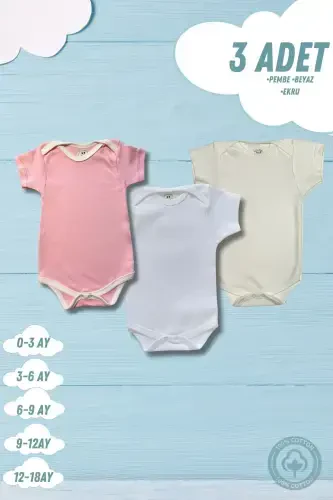 Kısa Kollu 3'lü Organik Pamuk Çıtçıtlı Bebek Body&zıbın-ekru - 1
