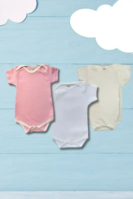 Kısa Kollu 3'lü Organik Pamuk Çıtçıtlı Bebek Body&zıbın-ekru - 3