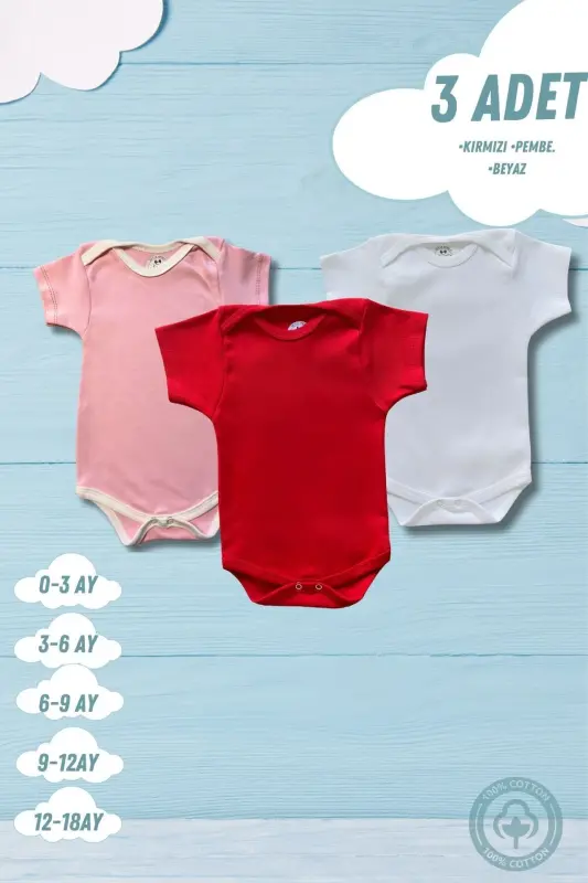 Kısa Kollu 3'lü Organik Pamuk Çıtçıtlı Bebek Body&zıbın - Kırmızı - 1