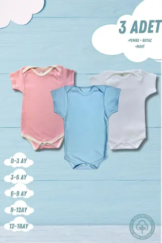 Kısa Kollu 3'lü Organik Pamuk Çıtçıtlı Bebek Body&zıbın-pembe - 1