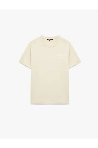 Kısa Kollu Bisiklet Yaka Baskılı Oversize Spor Tişört-Ekru 