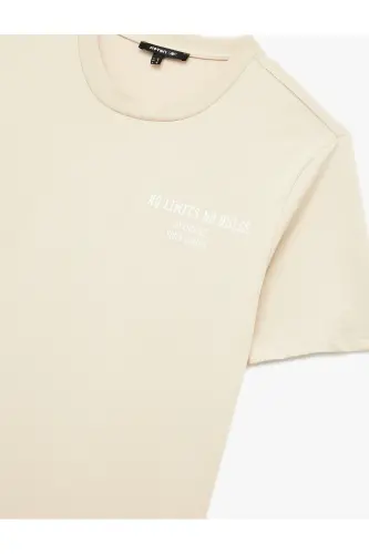 Kısa Kollu Bisiklet Yaka Baskılı Oversize Spor Tişört - Ekru - 3