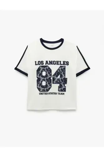 Kısa Kollu Bisiklet Yaka Çizgili Rahat Kalıp Baskılı Spor Tişört - 3