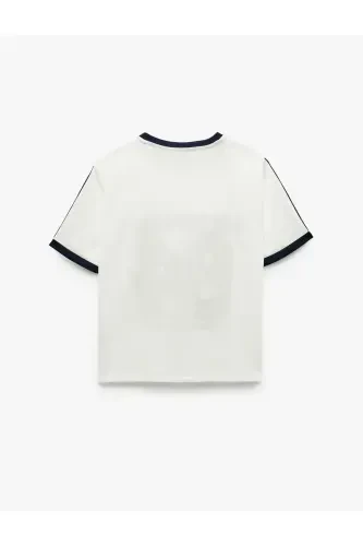 Kısa Kollu Bisiklet Yaka Çizgili Rahat Kalıp Baskılı Spor Tişört - 4