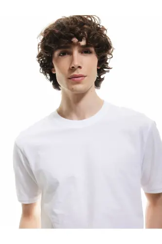 Kısa Kollu Bisiklet Yaka Pamuklu Slim Fit Erkek Basic Tişört - Beyaz - 1