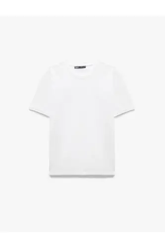 Kısa Kollu Bisiklet Yaka Pamuklu Slim Fit Erkek Basic Tişört-Beyaz - 3