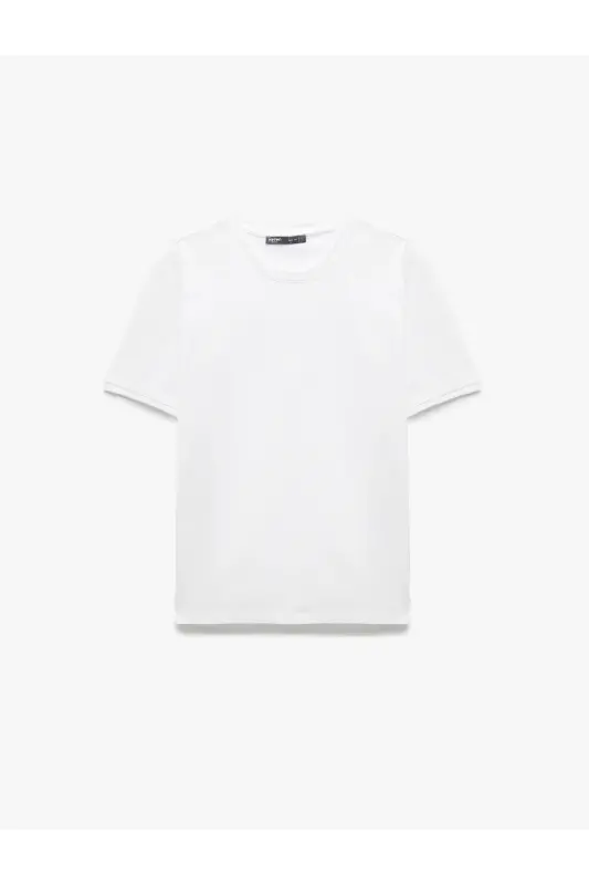 Kısa Kollu Bisiklet Yaka Pamuklu Slim Fit Erkek Basic Tişört-Beyaz - 3