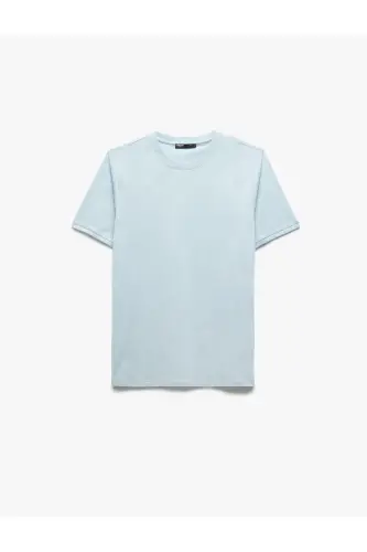 Kısa Kollu Bisiklet Yaka Pamuklu Slim Fit Erkek Basic Tişört - Mavi - 4