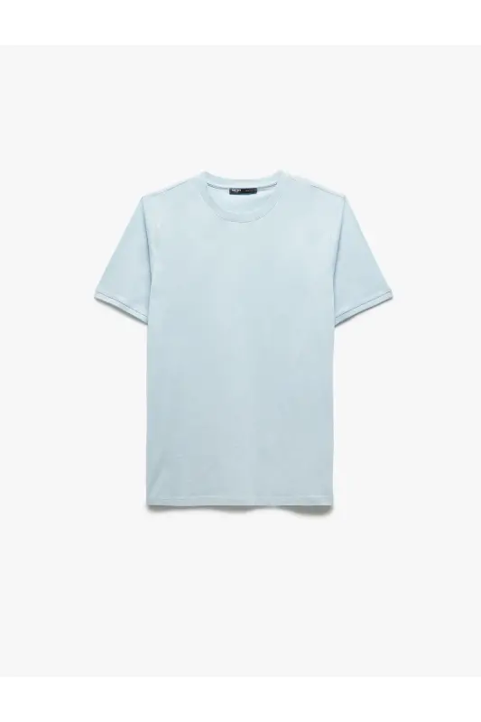 Kısa Kollu Bisiklet Yaka Pamuklu Slim Fit Erkek Basic Tişört - Mavi - 4