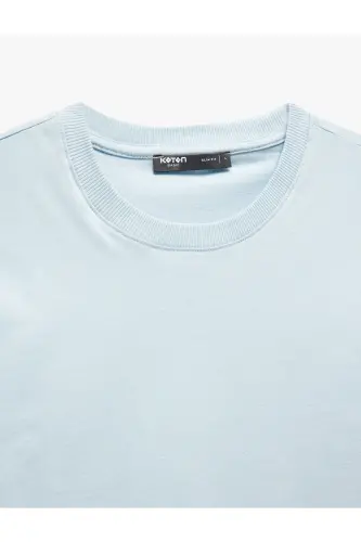 Kısa Kollu Bisiklet Yaka Pamuklu Slim Fit Erkek Basic Tişört-Mavi - 3