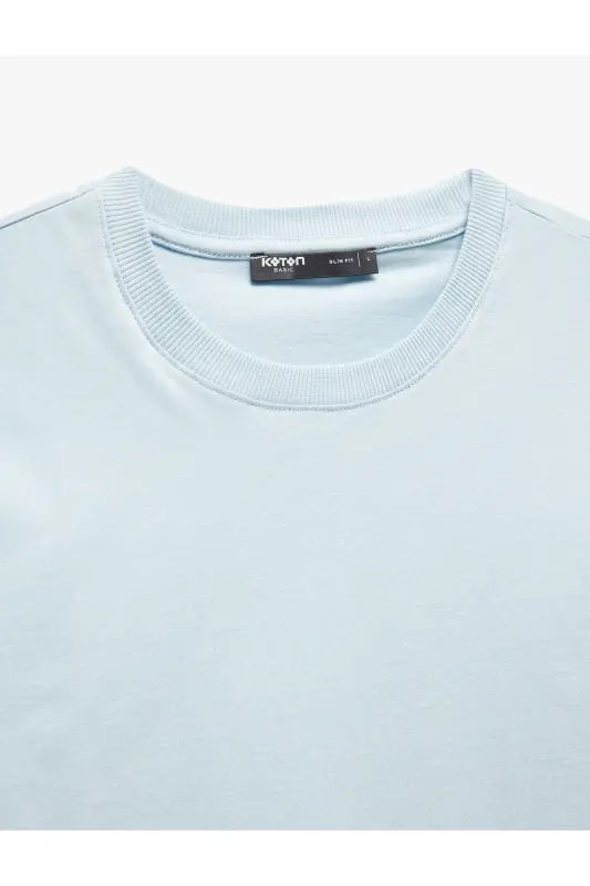 Kısa Kollu Bisiklet Yaka Pamuklu Slim Fit Erkek Basic Tişört-Mavi - 3