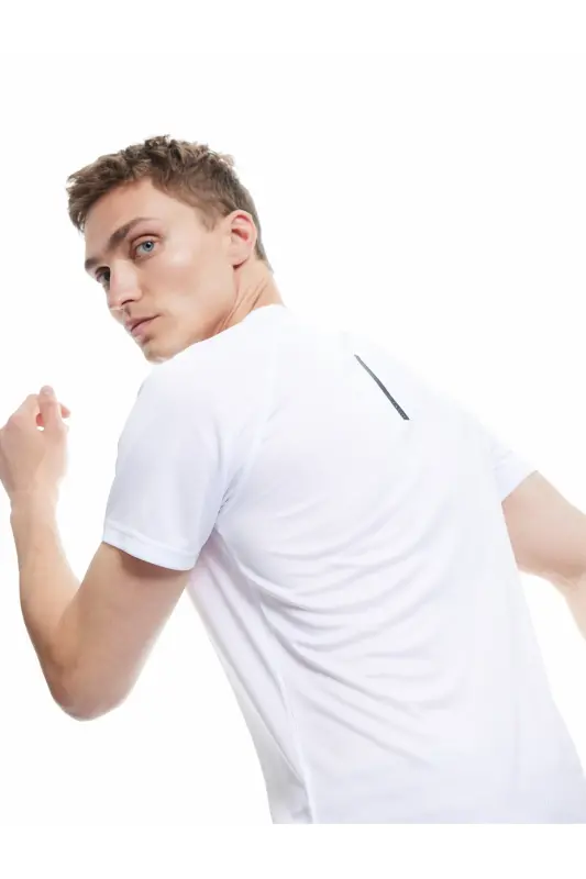 Kısa Kollu Bisiklet Yaka Reglan Kol Arkası Baskılı Slim Fit Spor Tişört-Beyaz - 3