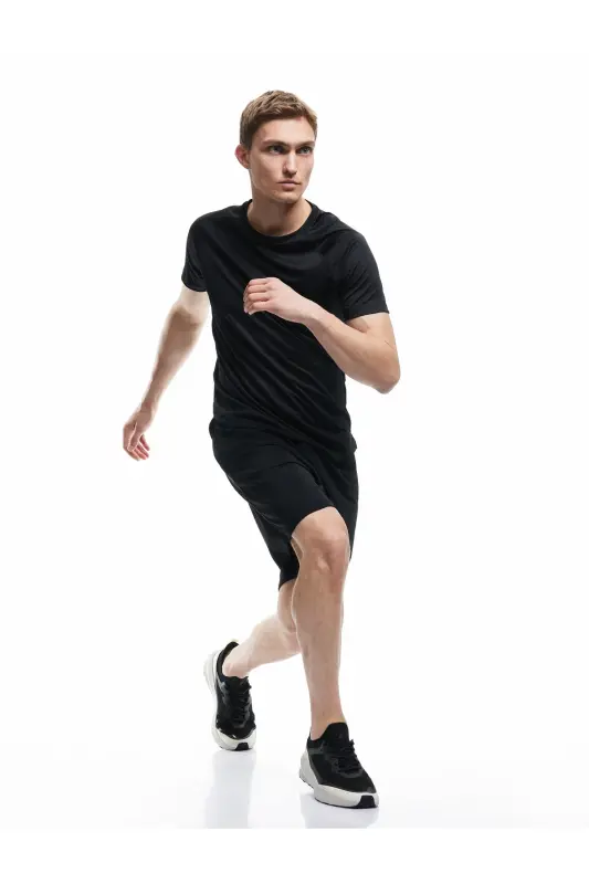 Kısa Kollu Bisiklet Yaka Reglan Kol Arkası Baskılı Slim Fit Spor Tişört-Siyah - 2