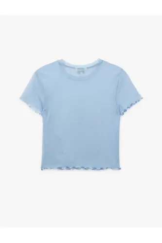 Kısa Kollu Bisiklet Yaka Slim Fit Kedi Baskılı Crop Tişört - Mavi - 2