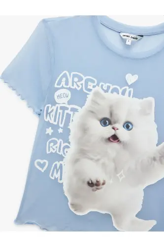 Kısa Kollu Bisiklet Yaka Slim Fit Kedi Baskılı Crop Tişört - Mavi - 3