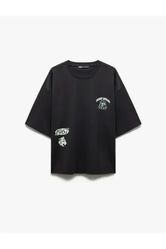 Kısa Kollu Bisiklet Yaka Tok Kumaş Pamuklu Arkası Baskılı Tişört-Antrasit - 3