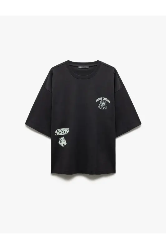 Kısa Kollu Bisiklet Yaka Tok Kumaş Pamuklu Arkası Baskılı Tişört-Antrasit - 3