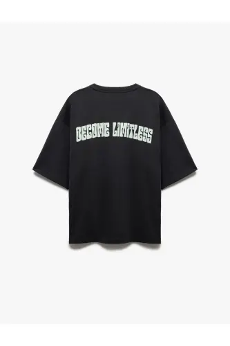 Kısa Kollu Bisiklet Yaka Tok Kumaş Pamuklu Arkası Baskılı Tişört-Antrasit - 4