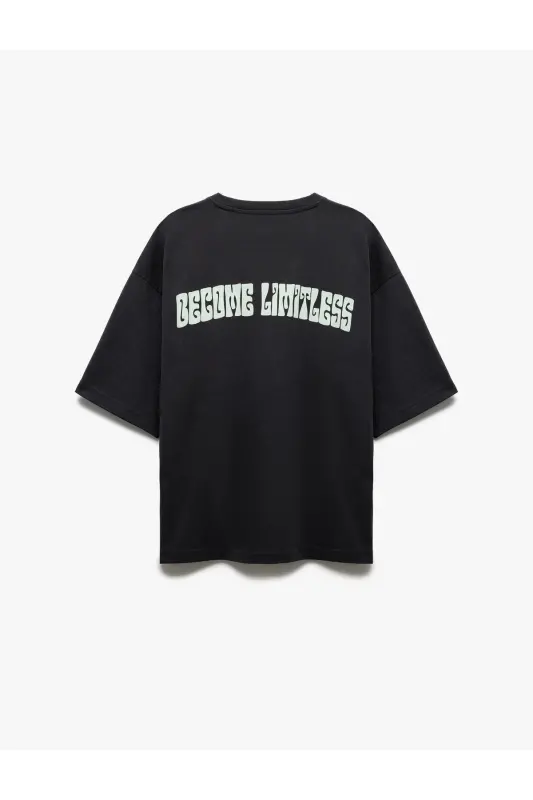 Kısa Kollu Bisiklet Yaka Tok Kumaş Pamuklu Arkası Baskılı Tişört-Antrasit - 4