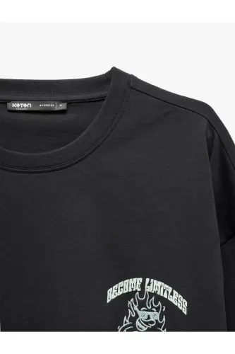 Kısa Kollu Bisiklet Yaka Tok Kumaş Pamuklu Arkası Baskılı Tişört-Antrasit - 5