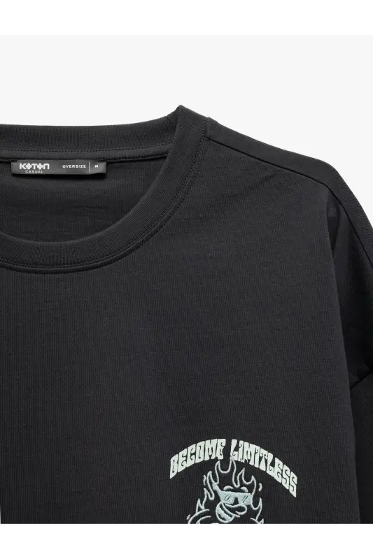 Kısa Kollu Bisiklet Yaka Tok Kumaş Pamuklu Arkası Baskılı Tişört-Antrasit - 5