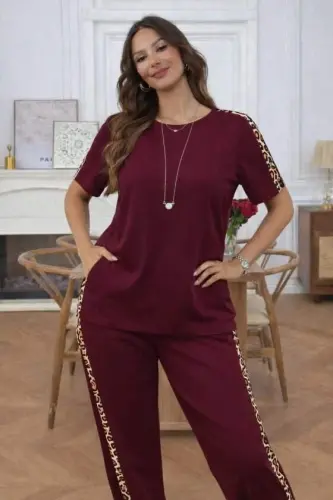 Kısa Kollu Bısıklet Yakalı Viskon Iki Iplik Bluz Ve Pantolon Ikili Takım - 3