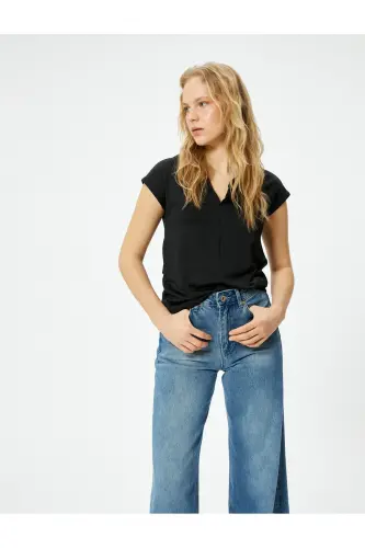 Kısa Kollu Bluz Dik V Yaka Standart Kesim-Siyah - 1