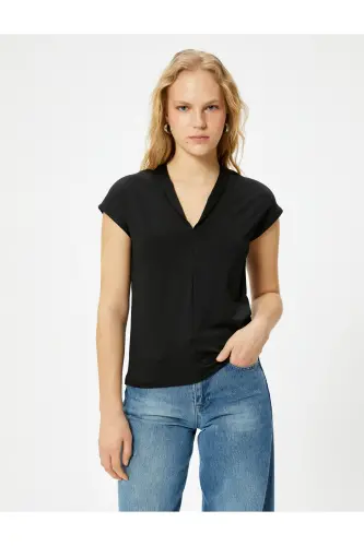 Kısa Kollu Bluz Dik V Yaka Standart Kesim-Siyah - 3