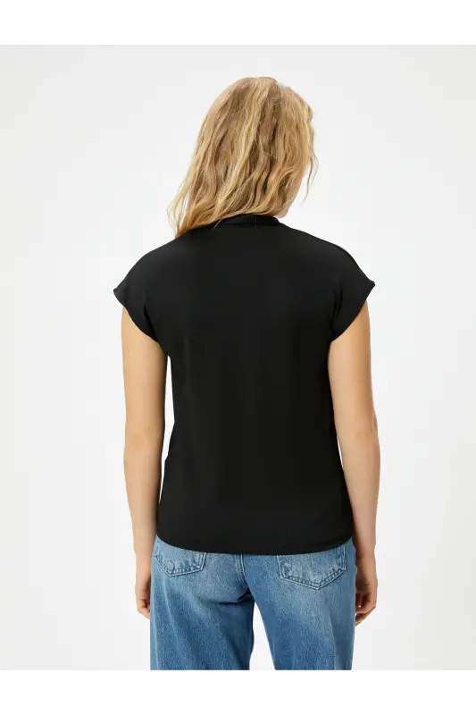 Kısa Kollu Bluz Dik V Yaka Standart Kesim-Siyah - 4