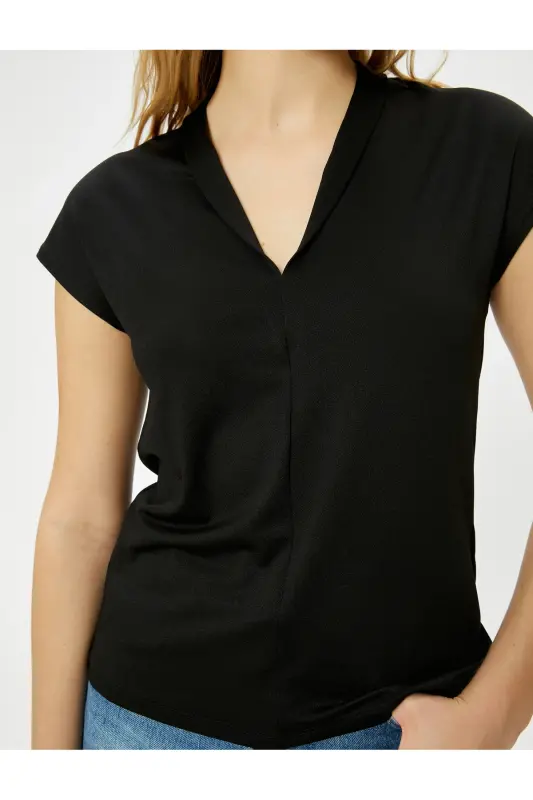 Kısa Kollu Bluz Dik V Yaka Standart Kesim-Siyah - 5