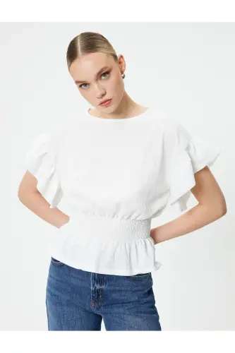 Kısa Kollu Bluz Gipeli Fırfırlı-Beyaz - 1