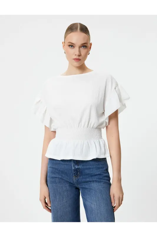 Kısa Kollu Bluz Gipeli Fırfırlı-Beyaz - 3
