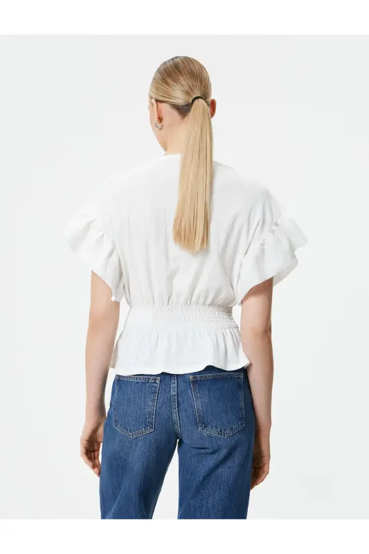 Kısa Kollu Bluz Gipeli Fırfırlı-Beyaz - 4