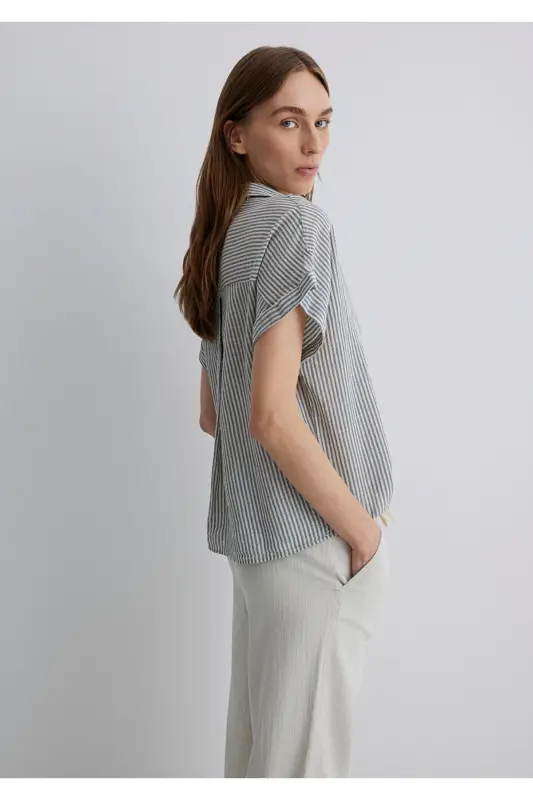 Kısa Kollu Çizgili Gri Gömlek Loose Fit / Bol Rahat Kesim 1210445-89853 - Lacivert-89853 - 2
