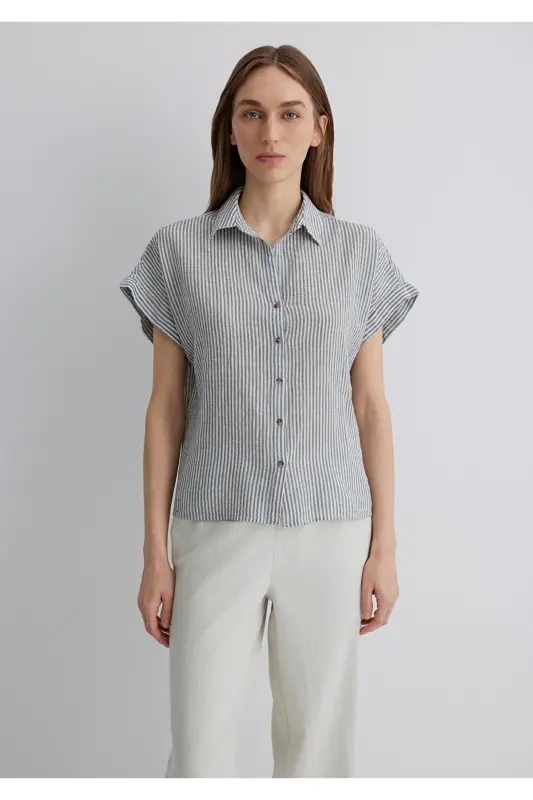 Kısa Kollu Çizgili Gri Gömlek Loose Fit / Bol Rahat Kesim 1210445-89853 - Lacivert-89853 - 3