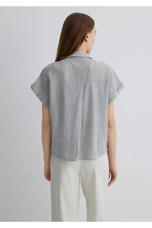 Kısa Kollu Çizgili Gri Gömlek Loose Fit / Bol Rahat Kesim 1210445-89853 - Lacivert-89853 - 4
