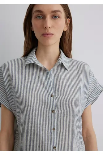 Kısa Kollu Çizgili Gri Gömlek Loose Fit / Bol Rahat Kesim 1210445-89853 - Lacivert-89853 - 5