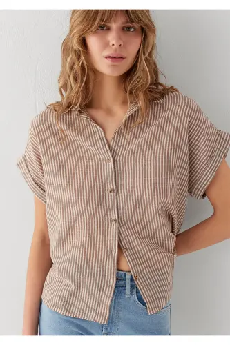 Kısa Kollu Çizgili Kahverengi Gömlek Loose Fit / Bol Rahat Kesim 1210445-85431 - Kahverengi 